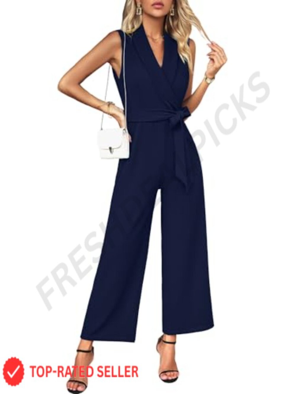 Sleeveless V-Neck Formal Jumpsuit with Belt and Pockets